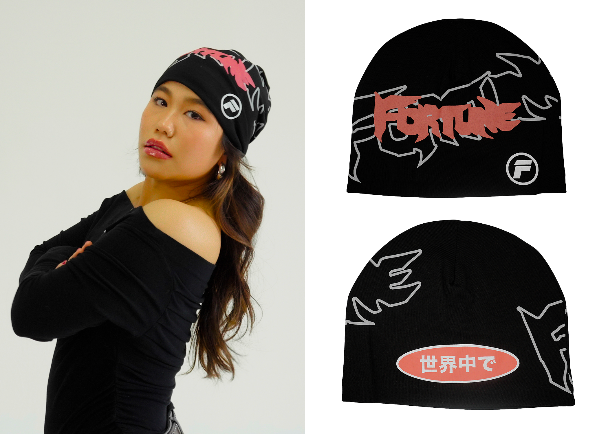 Woman wearing a black beanie with red and white designs, accompanied by two black beanies with red and white text on a white background.